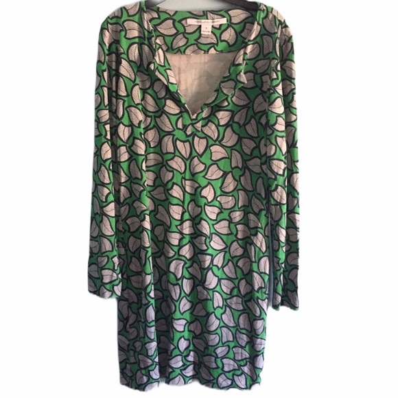 Diane Von Furstenberg Reina Silk Tunic Dress Green Leaf Print Mini DVF Size 6 - Picture 8 of 13